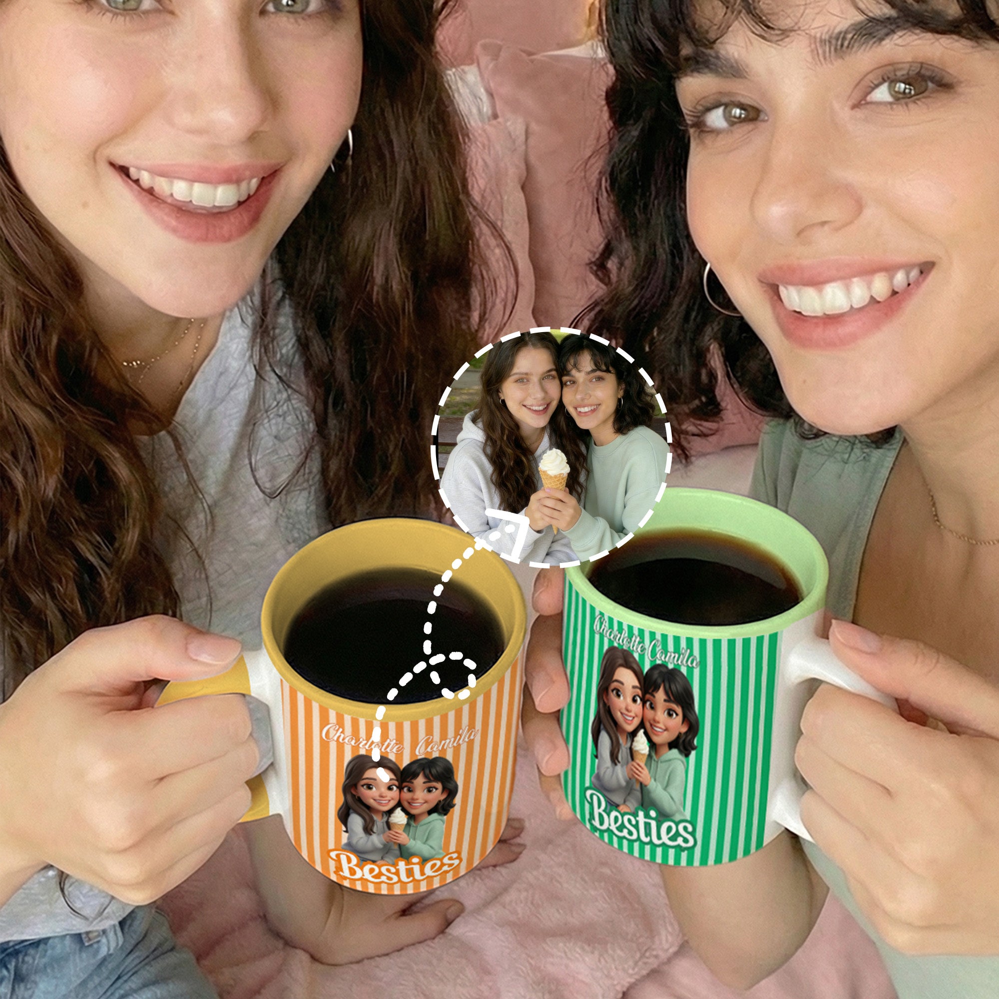 Personalizada de dibujos animados Besties Foto Rayas 11/15 oz Taza de café de cerámica con nombre de la amistad Keepsake regalo de cumpleaños para Hermanas Amigos Socios