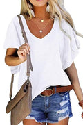 Casual V Neck Ruffle Short Sleeve T-shirt