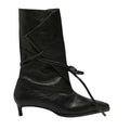 Black Folded-Top Leather Ankle Boots with Wraparound Tie