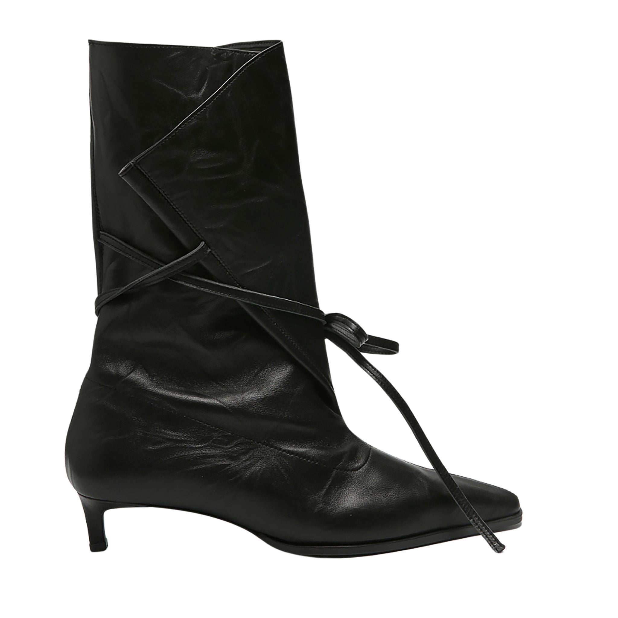 Black Folded-Top Leather Ankle Boots with Wraparound Tie