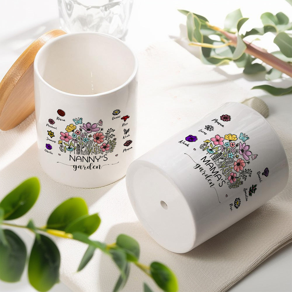 Maceta de cerámica con nombres y base de bambú Decoración para el hogar Regalo del día de la madre para mamá abuela