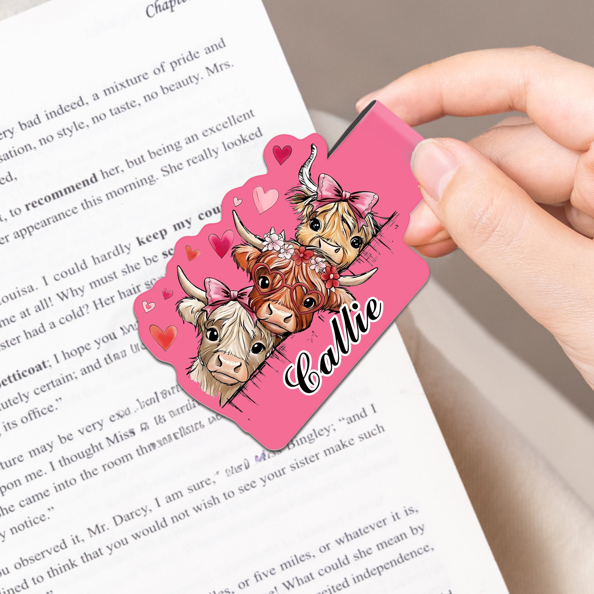 Clip magnético con nombre para marcapáginas personalizado Vaca de las Tierras Altas con corazón Accesorio de lectura de uso diario Regalo de cumpleaños para niños ratones de biblioteca
