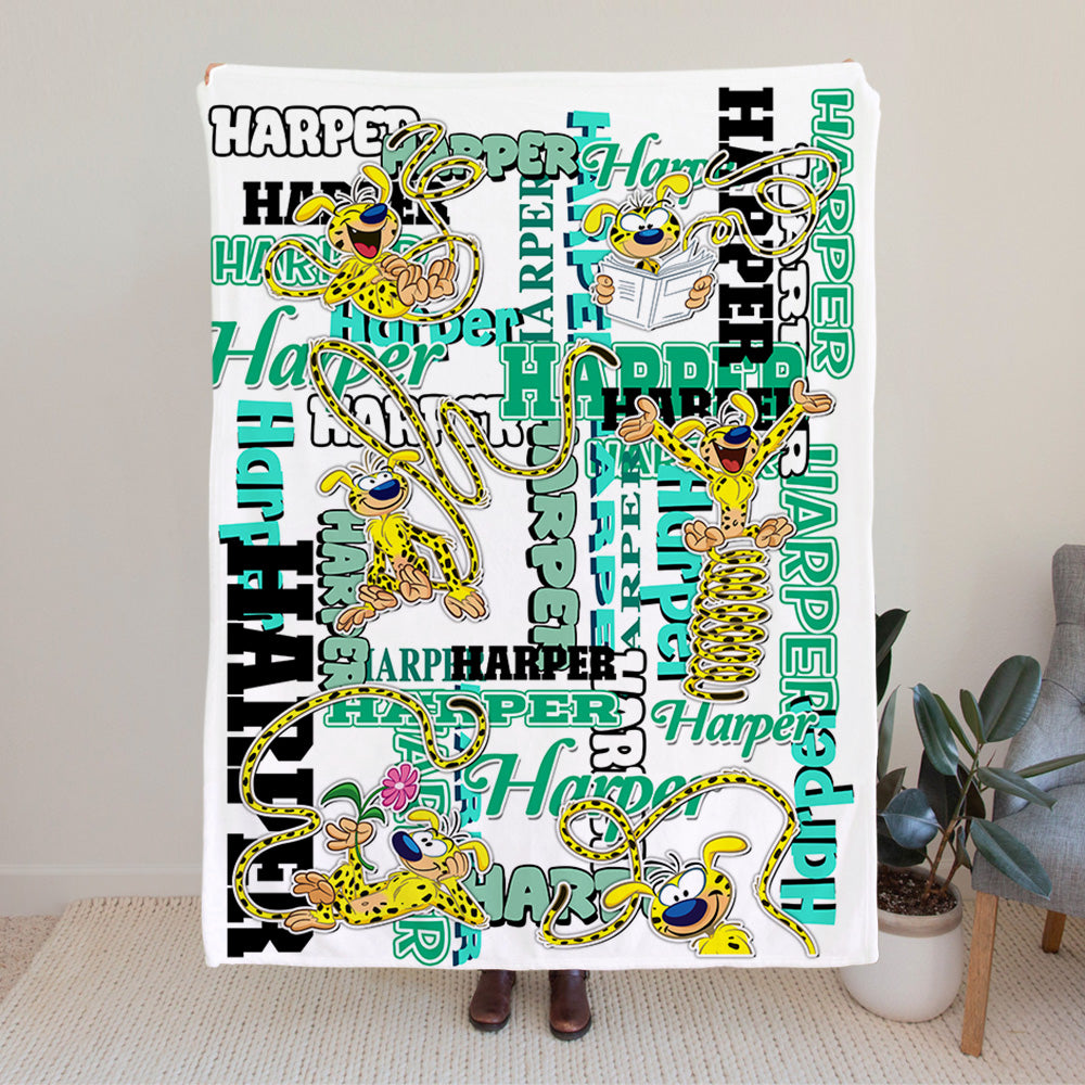Marsupilami de Cola Larga Manta Suave Personalizada con Nombre Decoración del Hogar Regalo de Cumpleaños para Niños | Callie × Marsupilami
