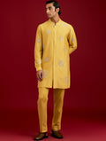 Mustard Cotton Silk Blend Dori, Sequins And Mirror Work Kurta Set By KYNAH, Luxury Indian Fashion & Bridal Wear