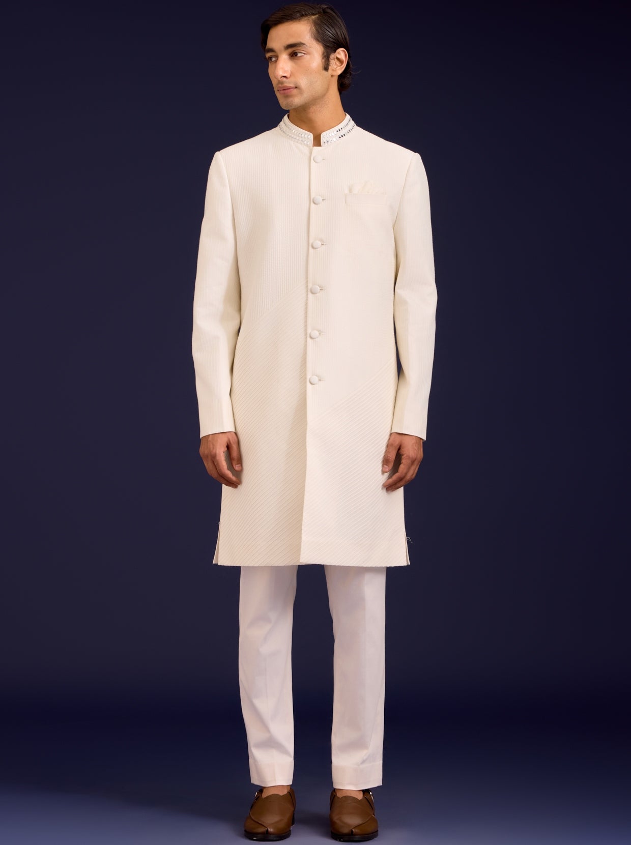 Ivory Cotton Silk Mirror Work Sherwani Set By KYNAH, Luxury Indian Fashion & Bridal Wear