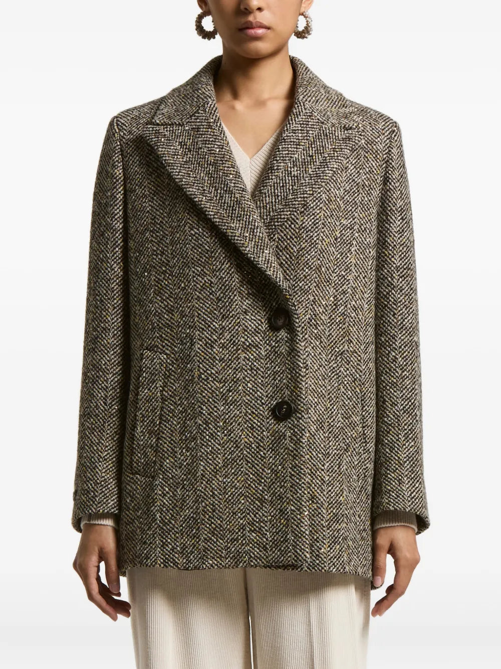 Peserico Herringbone Tweed Coat — Brown