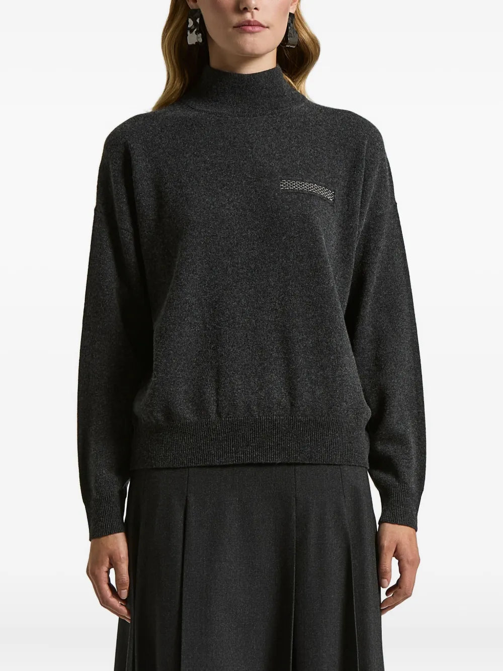 Peserico High-Neck Embellished Sweater — charcoal