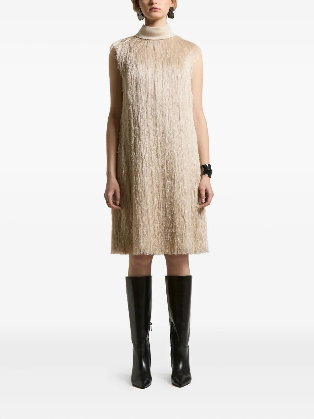 Peserico Fringed High-Neck Dress — Beige