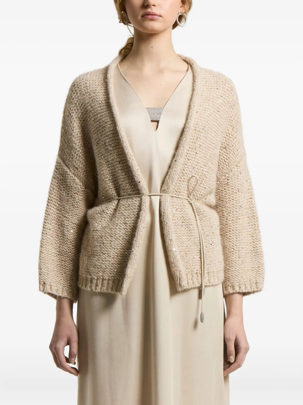 Peserico Sequin-Embellished Belted Cardigan — Beige