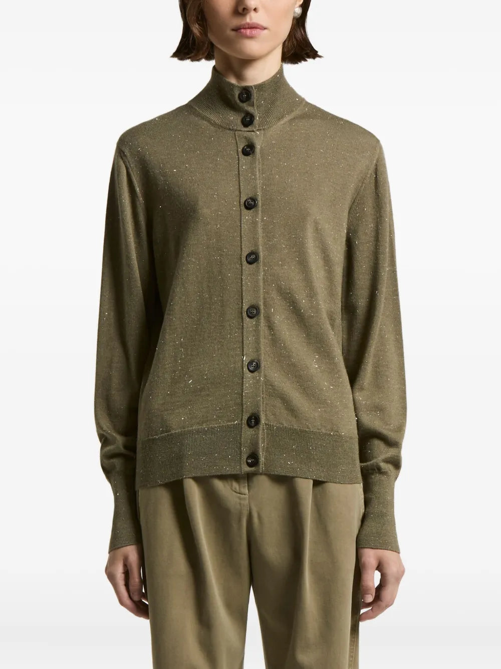 Peserico Speckled High-Neck Cardigan — Olive Green
