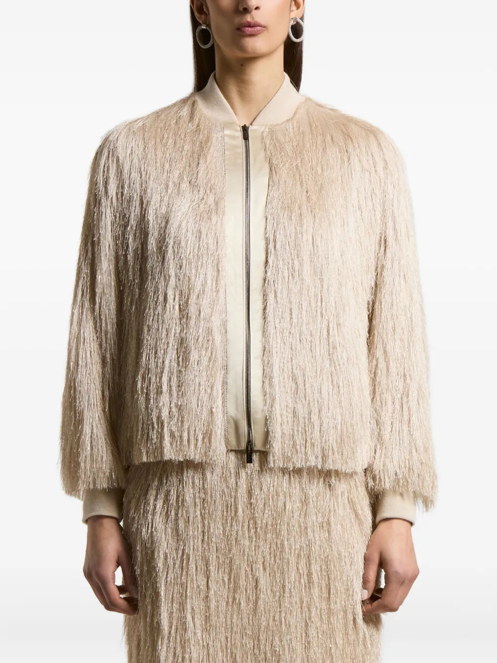 Peserico Fringed Bomber Jacket — Beige