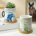 Maceta de cerámica personalizada con retrato de caballo, base de bambú y nombre Regalo de cumpleaños para propietario amante de los caballos