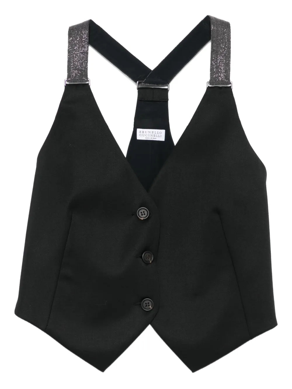 Brunello Cucinelli Glitter-Strap Buttoned Vest — Black
