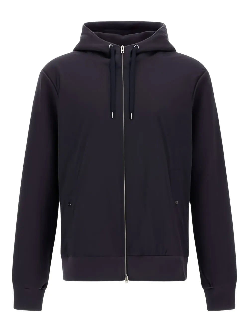 Herno Ribbed Panel Zip-Front Hoodie — Navy