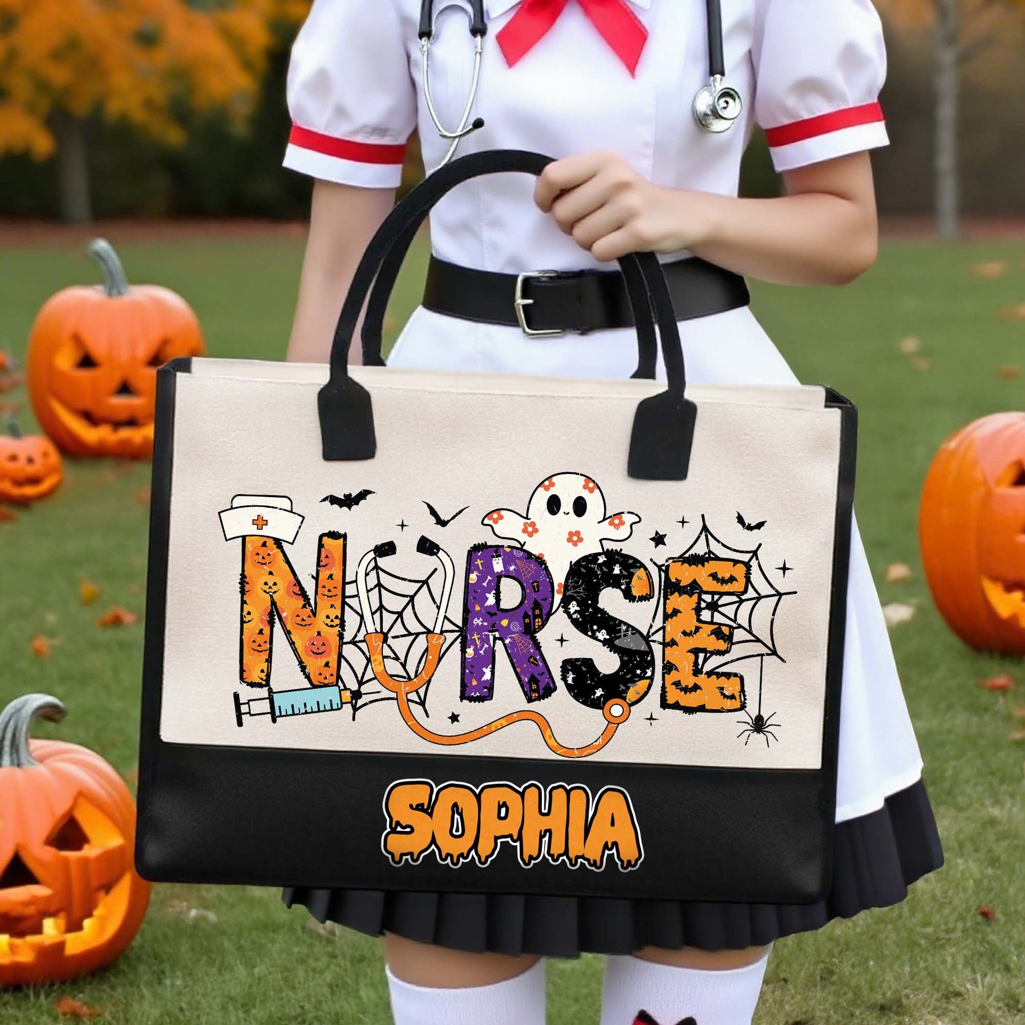 Enfermera personalizada Calabaza Murciélago Fantasma Halloween Bolsa de lona grande con nombre Cumpleaños Halloween Regalo para los amantes de Halloween