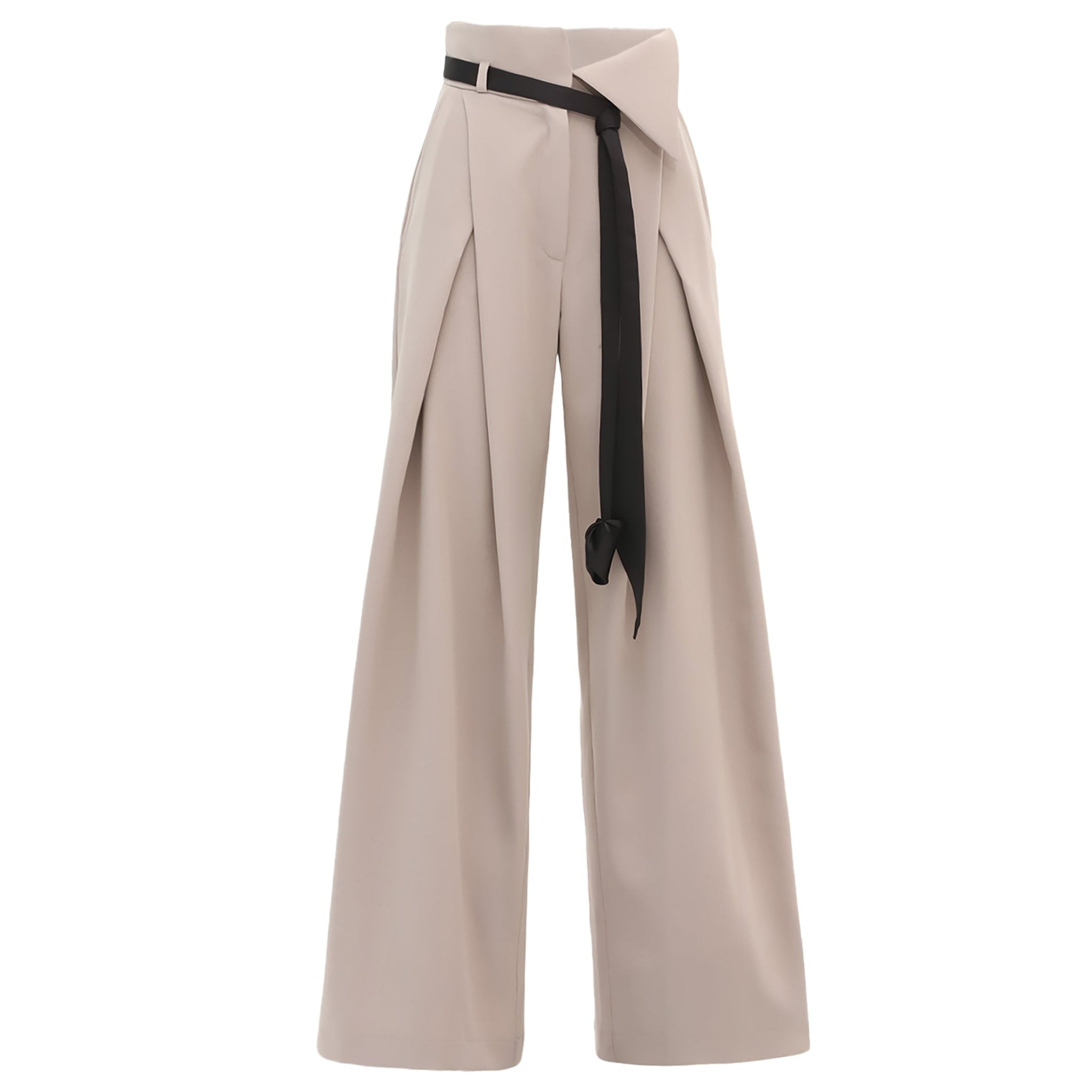 Fashion Forward Wide-Leg Pants & Contrast Belt - Beige