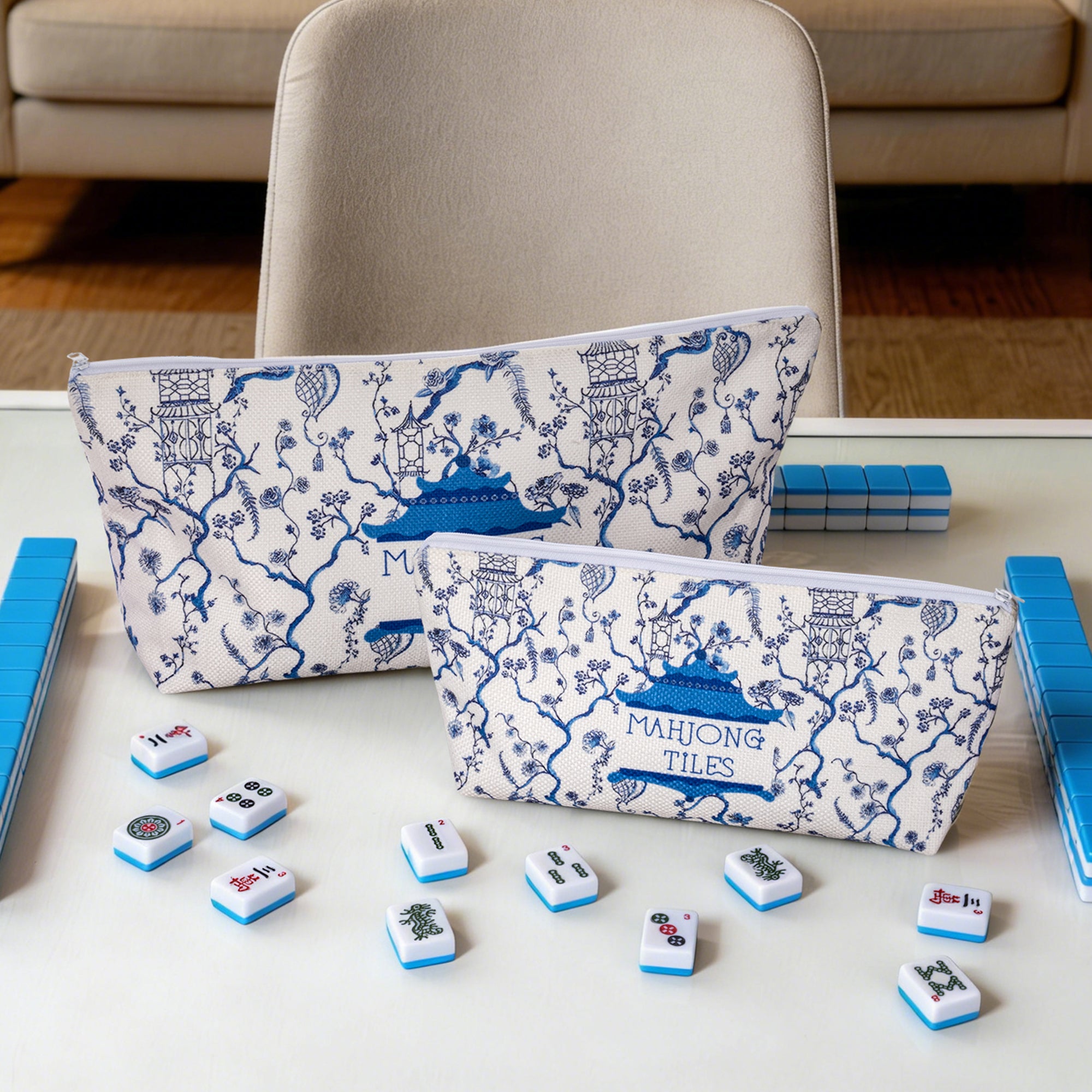 Bolsa de maquillaje personalizada con azulejos de Mahjong y texto Accesorio de viaje Regalo de cumpleaños para los amantes del Mahjong