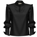 Designer Satin Blouse With Bishop Sleeves And Stand Collar - Black