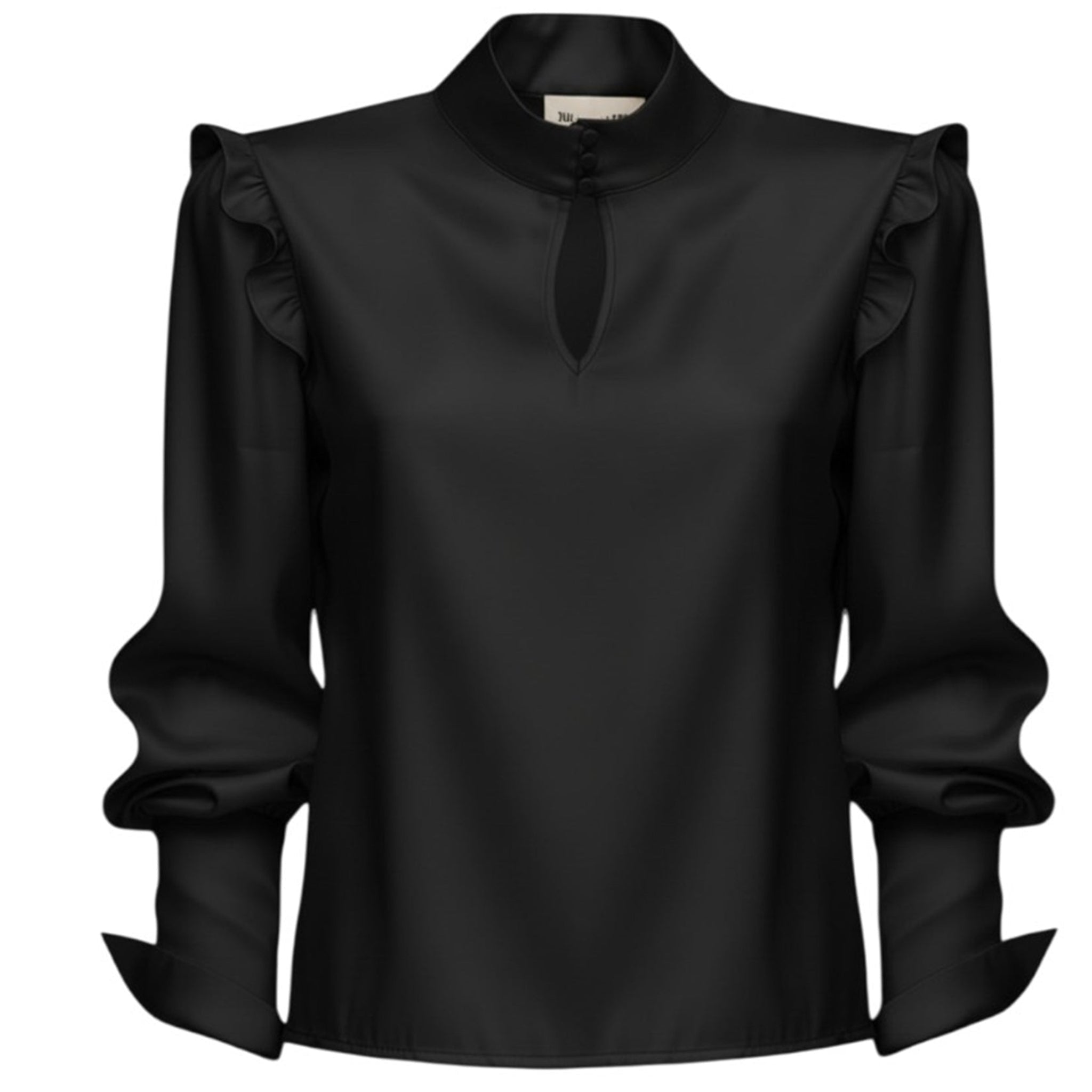 Designer Satin Blouse With Bishop Sleeves And Stand Collar - Black