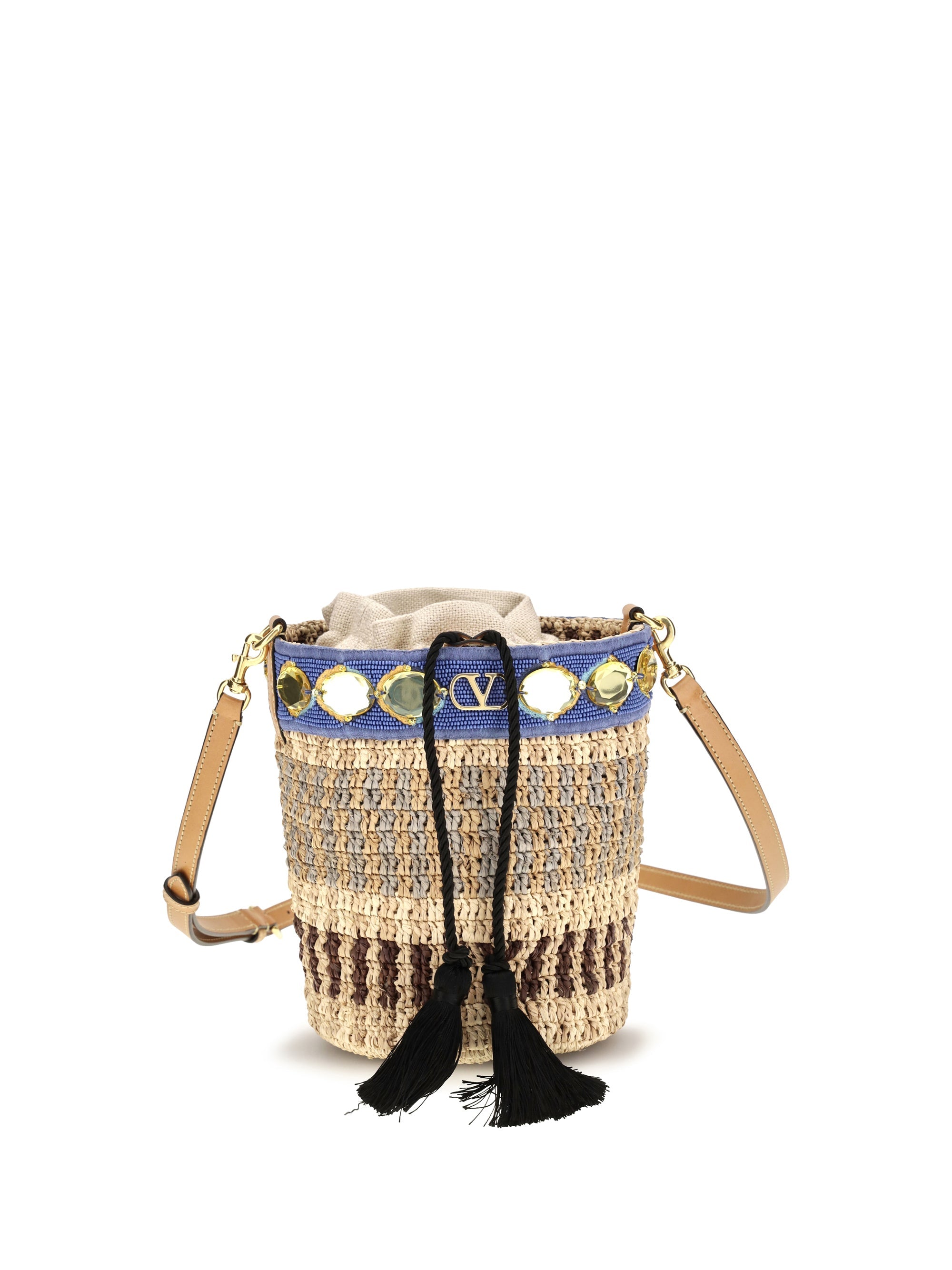 Valentino Garavani Embroidered Raffia Bucket Bag — Beige