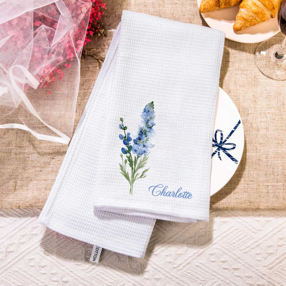 Acuarela Personalizada Flor de Nacimiento 100% Algodón Waffle Toalla de Té con Nombre Decoración de Cocina Cumpleaños Día de la Madre Regalo para Mujer