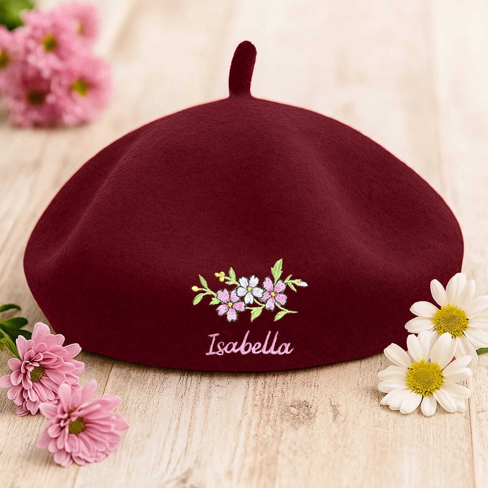 Boina Personalizada Bordada Floral con Nombre Cumpleaños Aniversario Regalo para Mujer