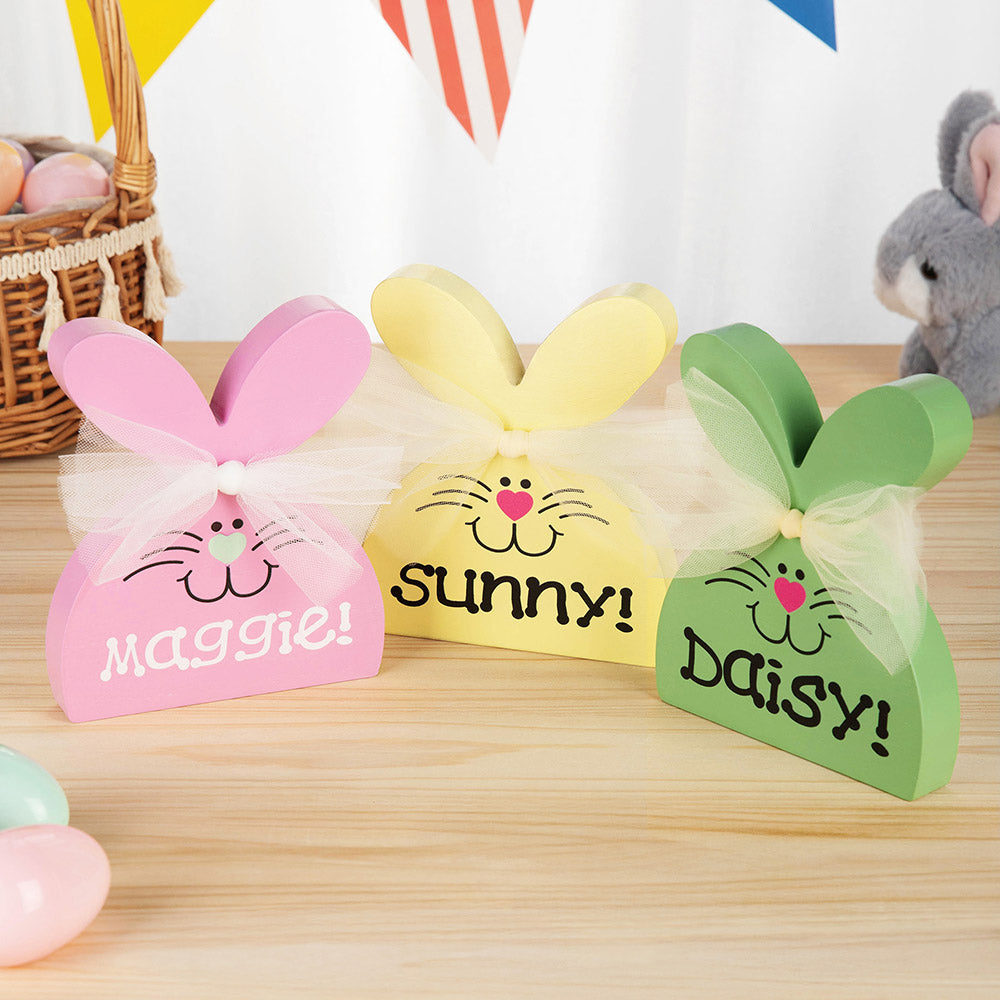 Personalizado multicolor lindo hada hilo arco conejo de madera ornamento con nombre mesa decoración primavera símbolo Pascua fiesta regalo para niños