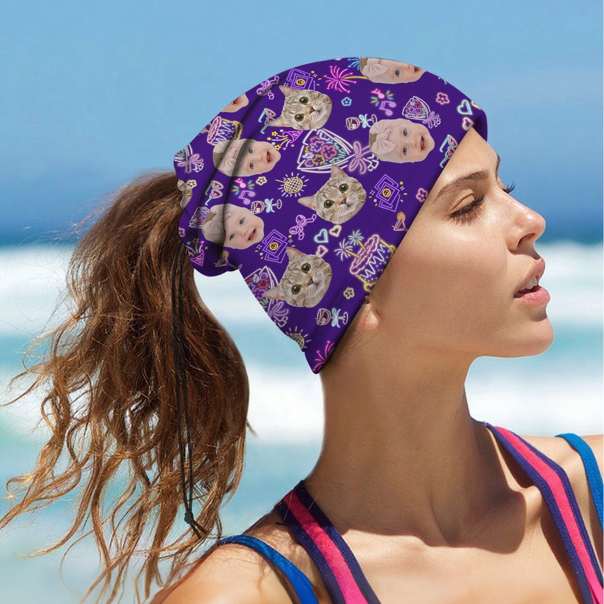 Parasol personalizado con 1-3 fotos de caras con estampado fluorescente Polaina multifuncional para el cuello Accesorios de exterior Regalo de cumpleaños para los amantes de los perros y los gatos