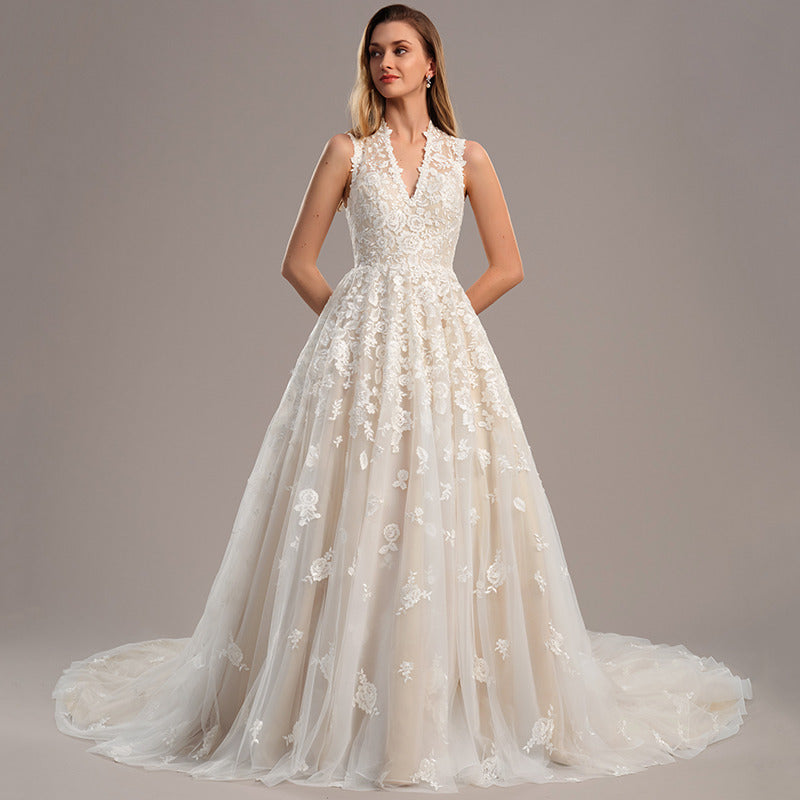 Bridal Wedding Dress Ivory-Champagne Sleeveless Long Ball-Gown Princess