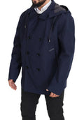 Men's Blue Hooded Double Breasted Coat Jacket Polyester Clothing
