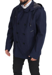 Men's Blue Hooded Double Breasted Coat Jacket Polyester Clothing