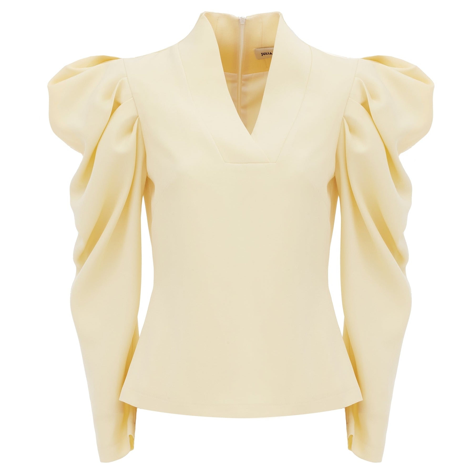 Sculpted V-Neck Blouse with Dramatic Sleeves - Pale Yellow