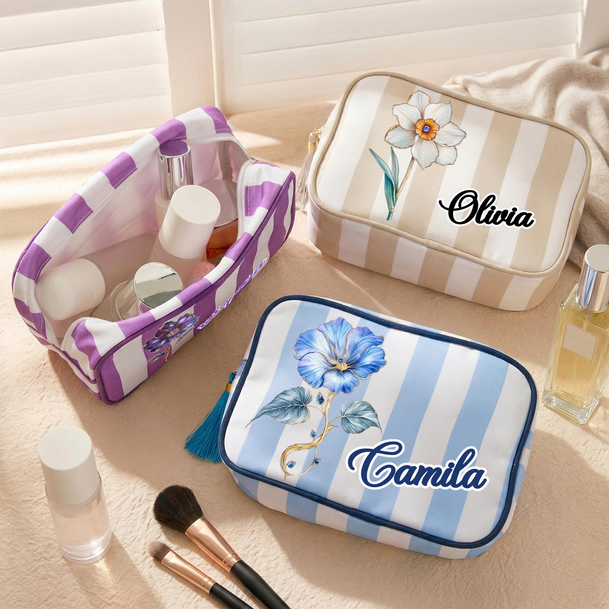 Bolsa de maquillaje de lona a rayas personalizada con borla y nombre Día de la Madre de viaje Regalo de cumpleaños para mamá Mujer
