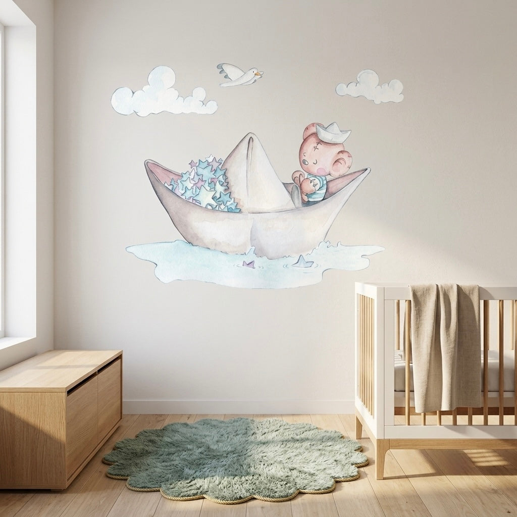 Vinilo Decorativo Infantil Barquito de Papel - Sueños de Ciguëna para Decorar Espacios Mágicos