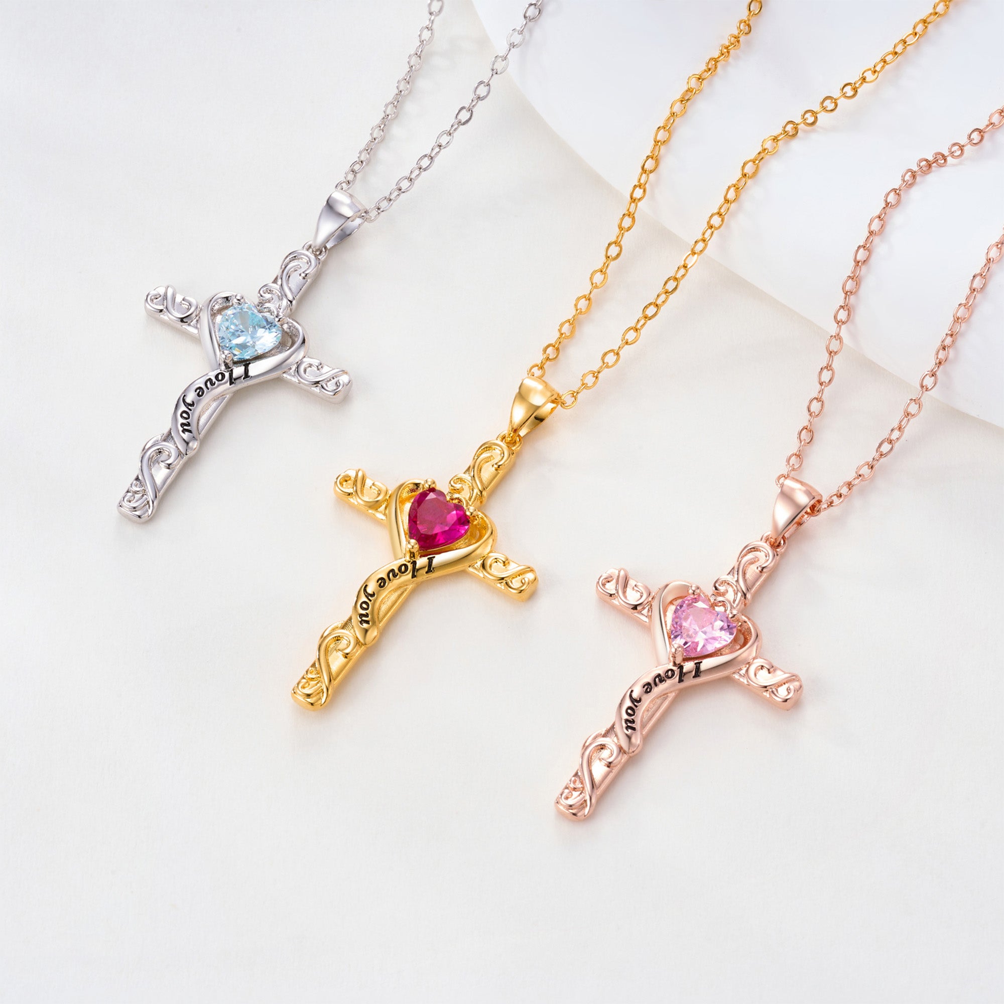 Personalizado I Love You Birthstone Cruz Collar Dainty Joyería Bautizo Oración Día Aniversario Regalo para Mujeres Cristianas