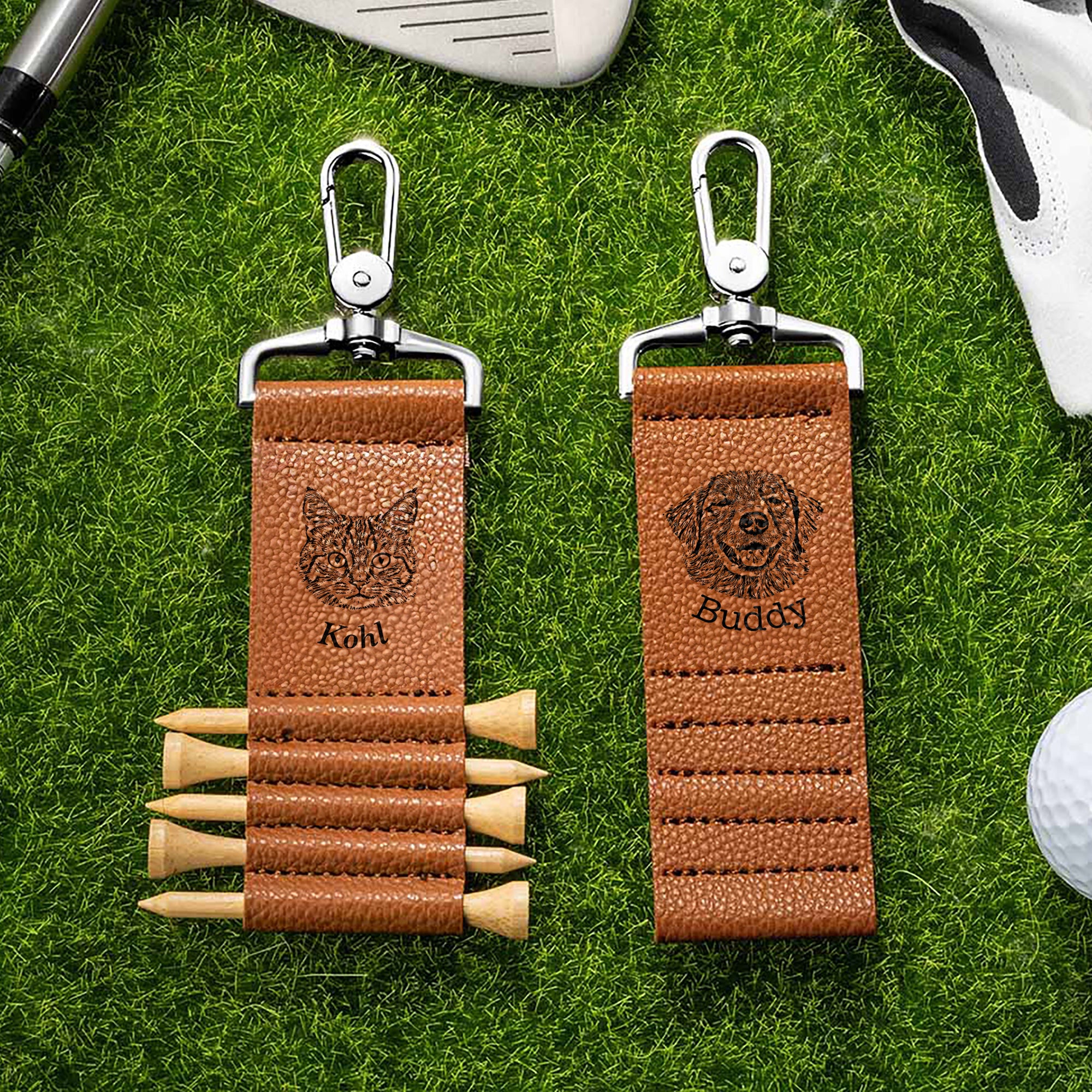 Foto personalizada de la mascota a las líneas de cuero de la PU Golf Tee titular de la etiqueta de la bolsa con el nombre del animal doméstico y 5 piezas de bambú Tees Golf Club de regalo de cumpleaño