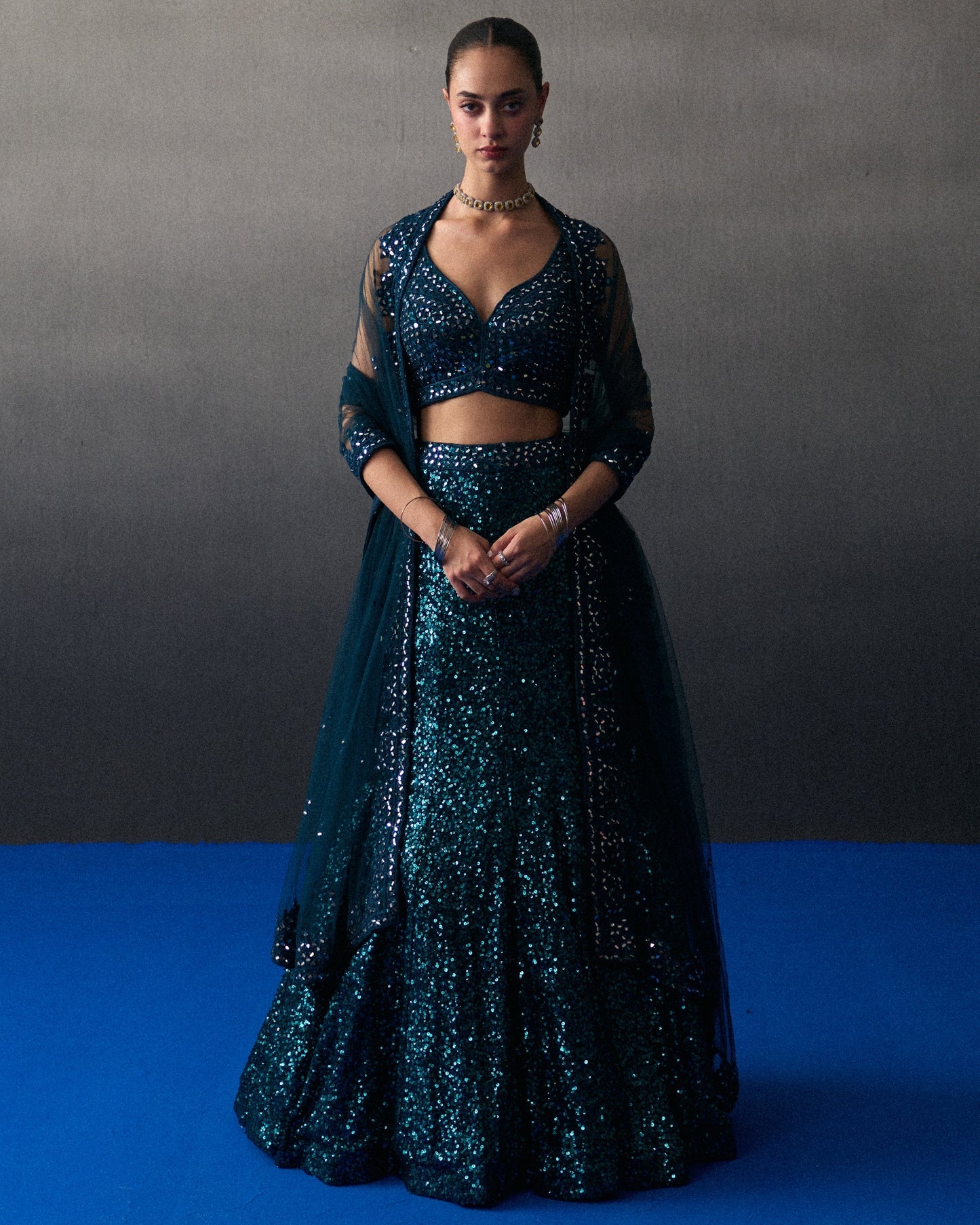 Peacock Blue Sequins Skirt Set By KYNAH, Luxury Indian Fashion & Bridal Wear