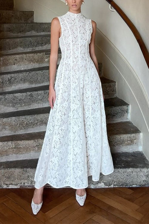 Mockneck Sleeveless A-line Lace Maxi Dress