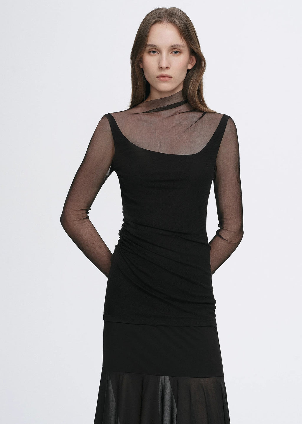 Double-layer transparent oblique collar pinched pleat half-high collar slim fit fake two-piece knitted T-shirt tops for women