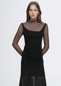 Double-layer transparent oblique collar pinched pleat half-high collar slim fit fake two-piece knitted T-shirt tops for women