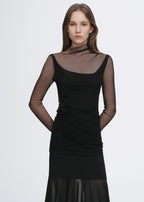 Double-layer transparent oblique collar pinched pleat half-high collar slim fit fake two-piece knitted T-shirt tops for women