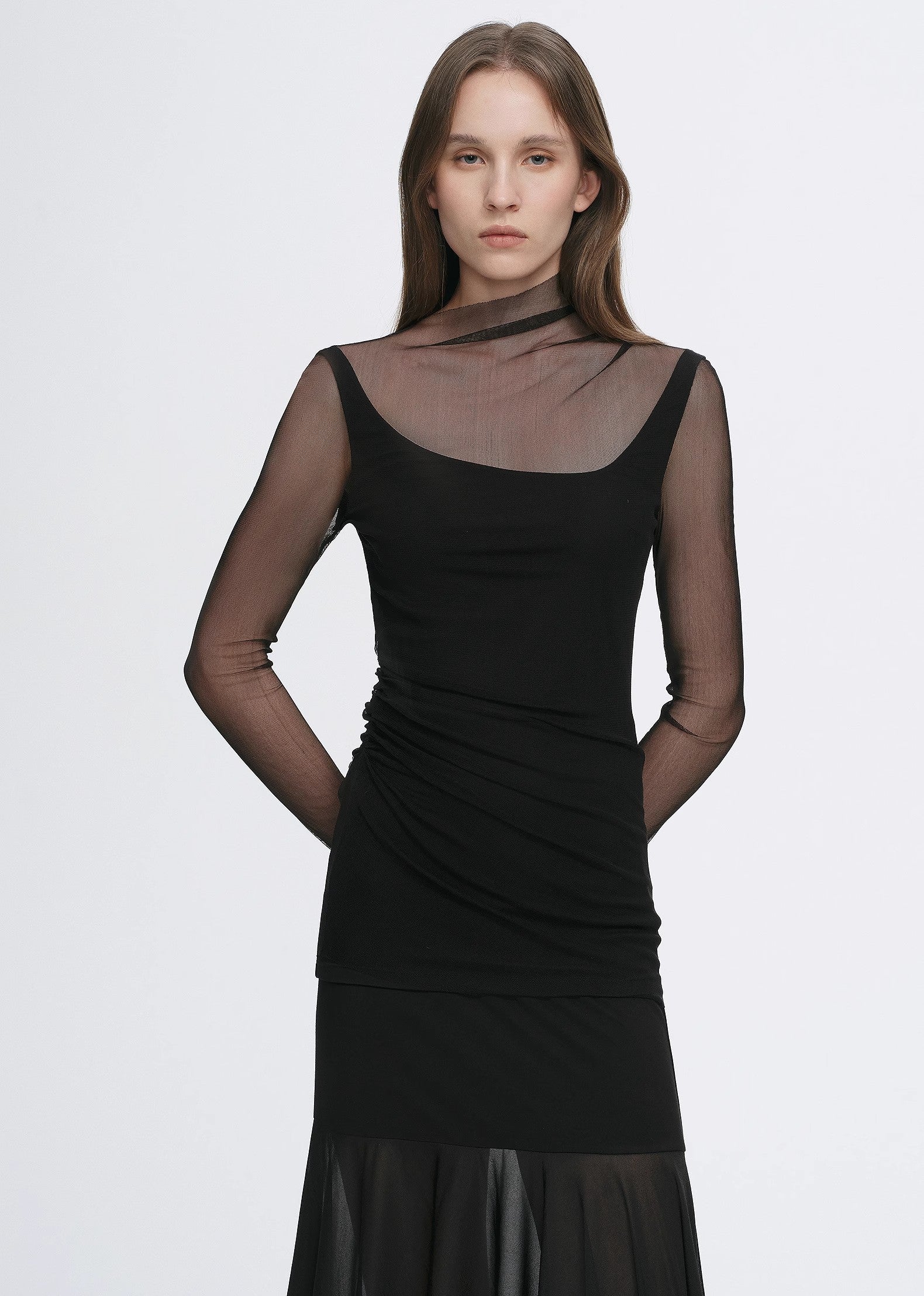 Double-layer transparent oblique collar pinched pleat half-high collar slim fit fake two-piece knitted T-shirt tops for women