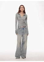 Artistic Abstract sfumato distressed printed merino wool waisted polo collar long sleeve short knit sweater