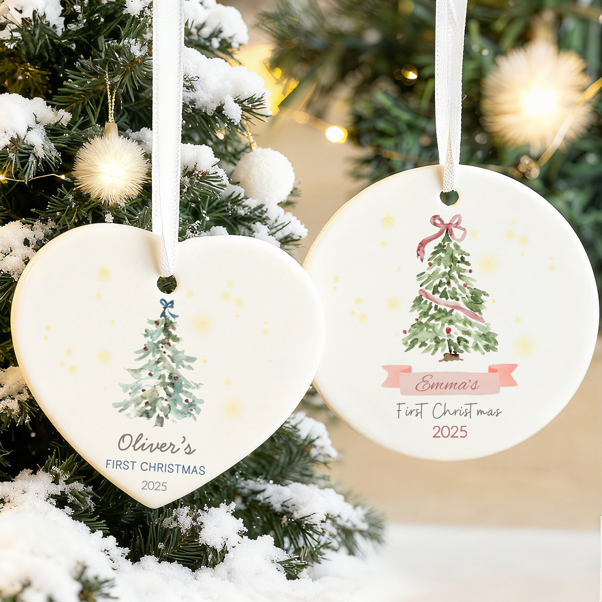 Árbol de Navidad personalizado con lazo de acuarela Adorno navideño de cerámica con nombre y año Decoración del hogar Primer regalo de Navidad para recién nacidos