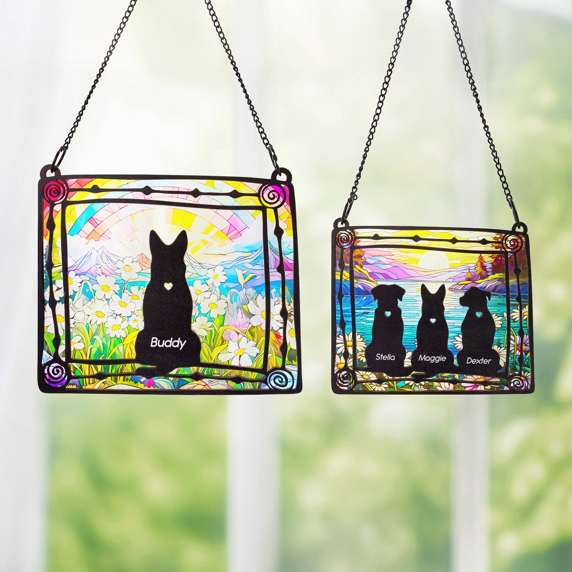 Personalizada Vidriera Estilo Perro Silueta Diseño Ventana Colgante Suncatcher Ornamento con Nombre Simpatía Memorial Regalo para Dog Lovers Propietario