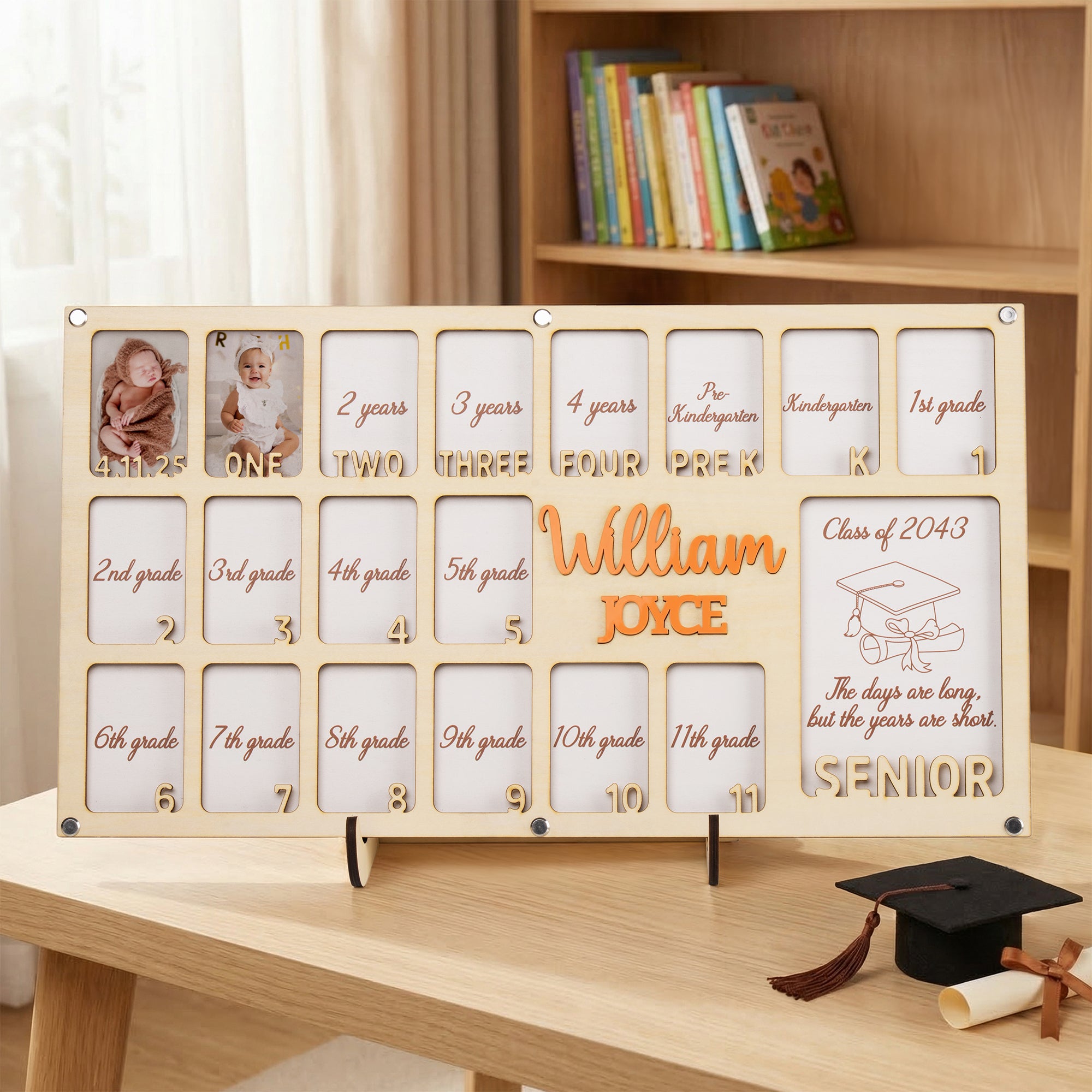 Personalizado Nacimiento a través de Graduación Años Escolares Marco de madera conmemorativo con nombre Primer día de escuela Regalo de graduación para los niños graduados