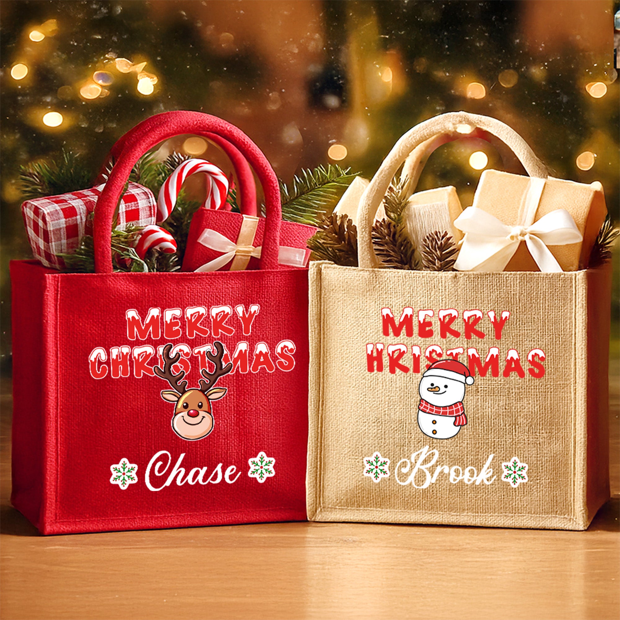 Personalizada Feliz Navidad Muñeco de Nieve Alce Bolsa de Yute Grande con Nombre Uso Diario Regalo de Navidad para Niños Familia Amigos