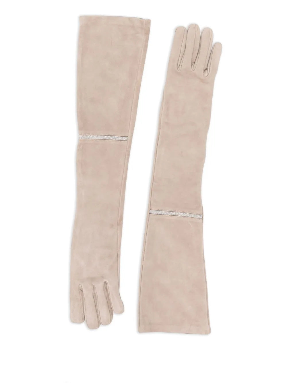 Peserico Bead-Embellished Suede Gloves — Beige