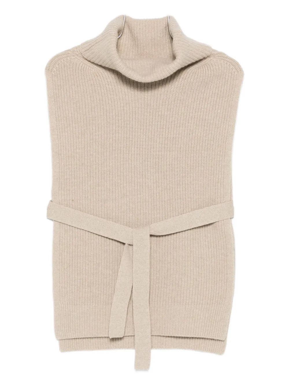 Yves Salomon Roll-Neck Belted Ribbed Knit Tank Top — Beige