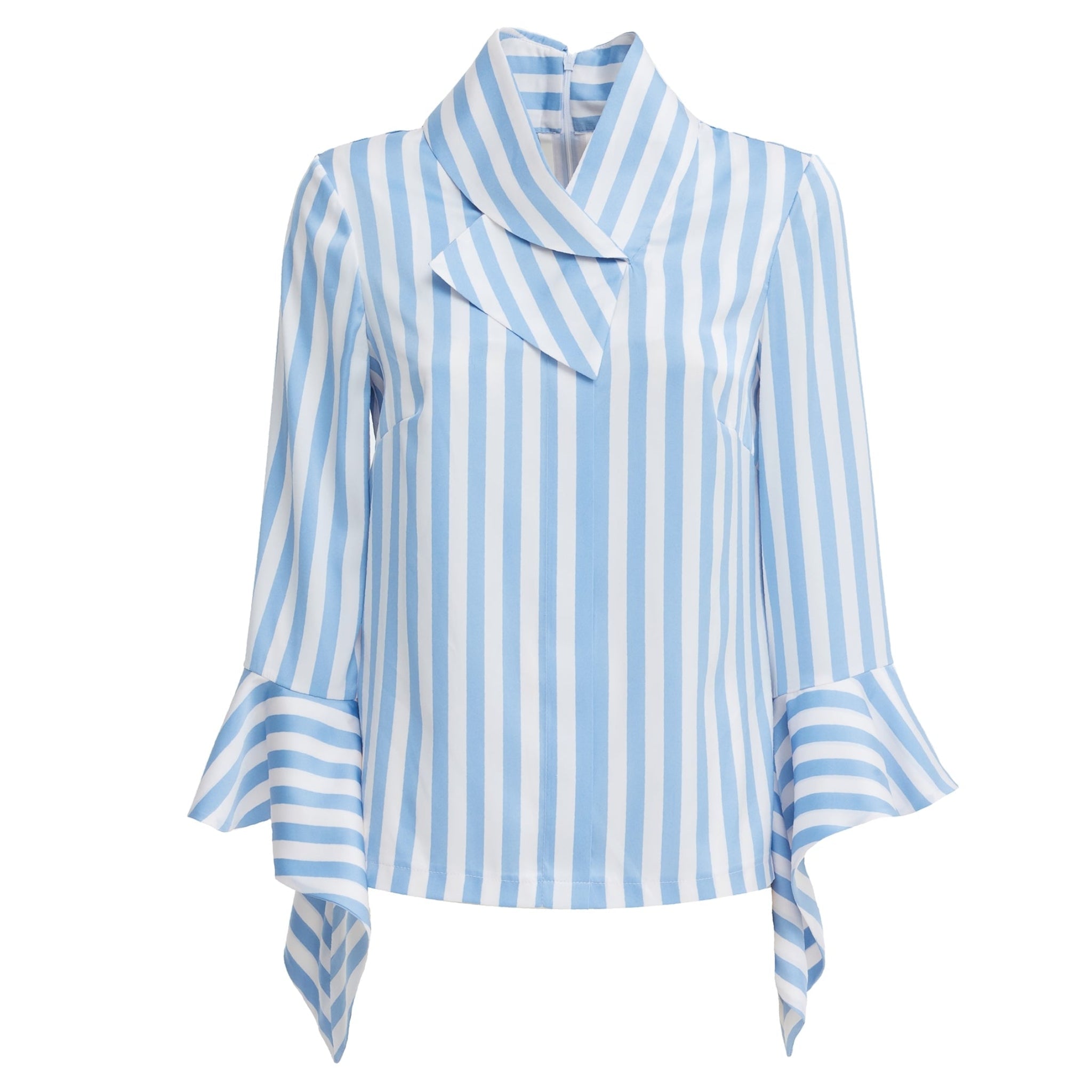 Satin Striped Blouse With Asymmetric Collar - Light Blue